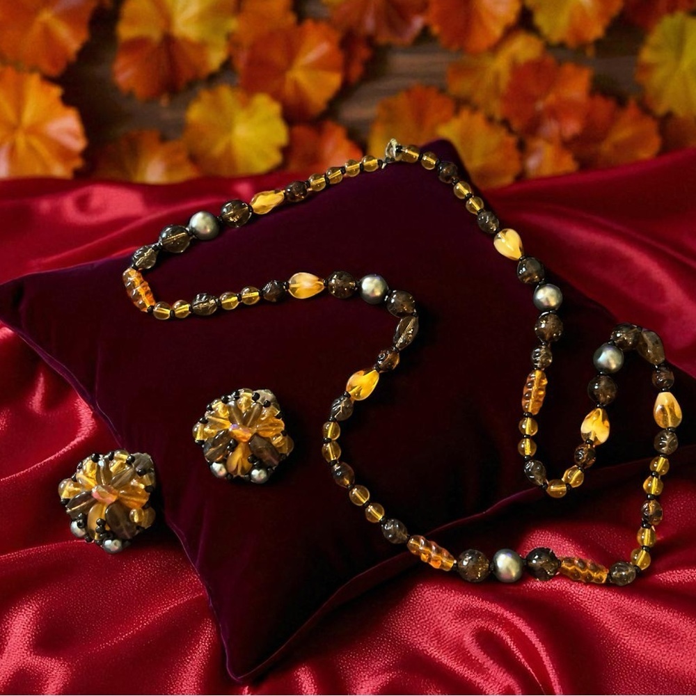 Vintage West Germany 50/60’s Amber Lucite Beaded Necklace and Clip Earring Set